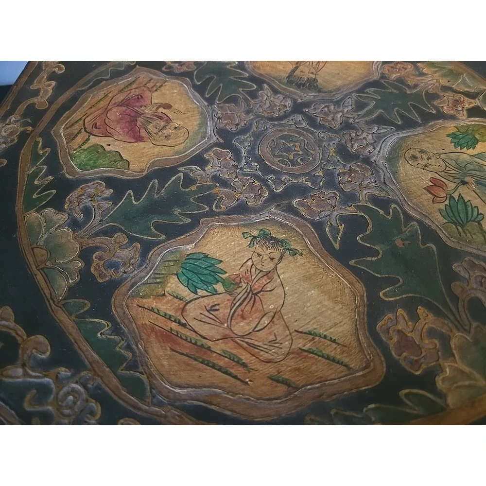 Antique Large Hexagonal Wooden Box Asian Hand Painted 6 Inside Compartments Rare